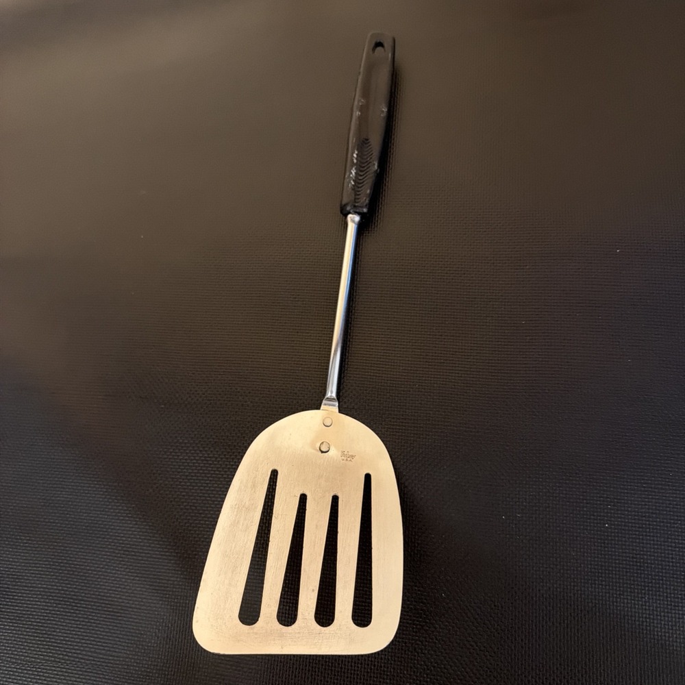 Vintage Foley USA Stainless Steel Slotted Spatula Black Handle Kitchen Utensil